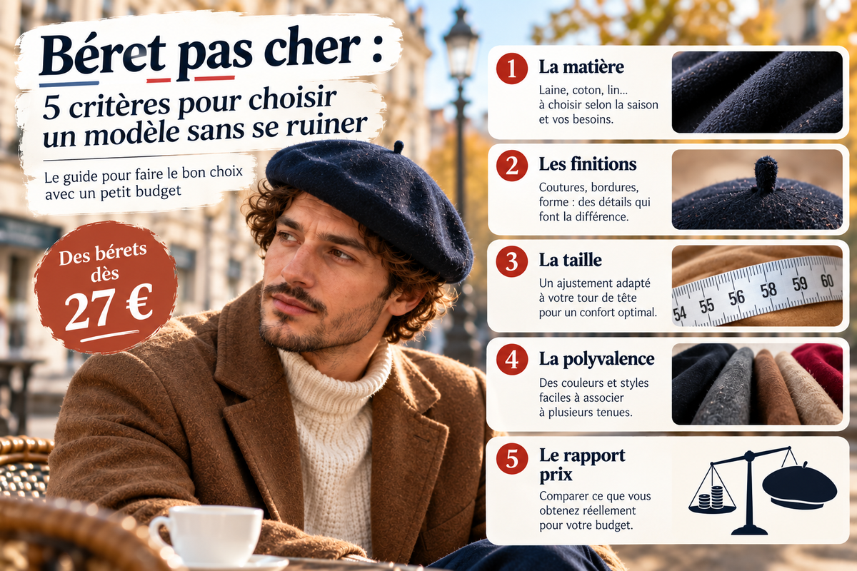 Béret pas cher : 5 critères pour choisir selon la matière, les finitions, la taille, la polyvalence et le prix