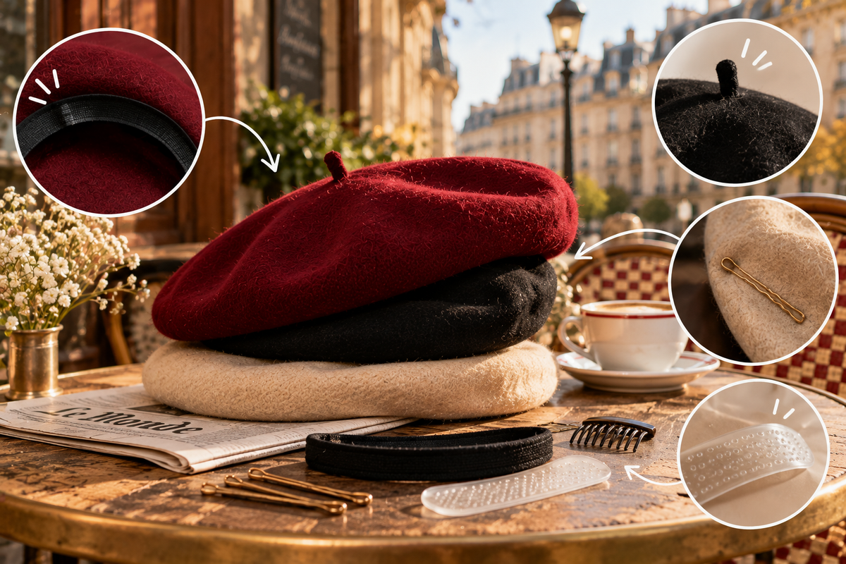 Comment faire tenir un béret sans qu’il glisse : bérets en laine et accessoires de fixation, épingles et bande antiglisse Image