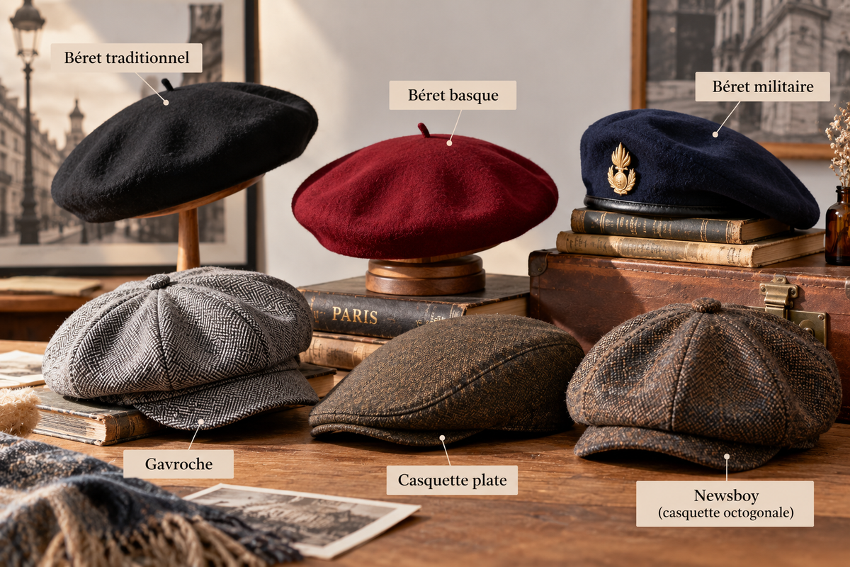 Différents types de bérets : traditionnel, basque, militaire, gavroche et casquette plate