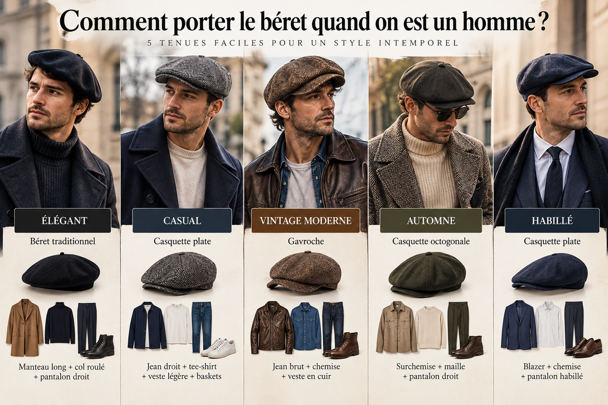 Comment porter un béret homme avec style : 5 tenues avec béret traditionnel, casquette plate, gavroche et casquette octogonale Image