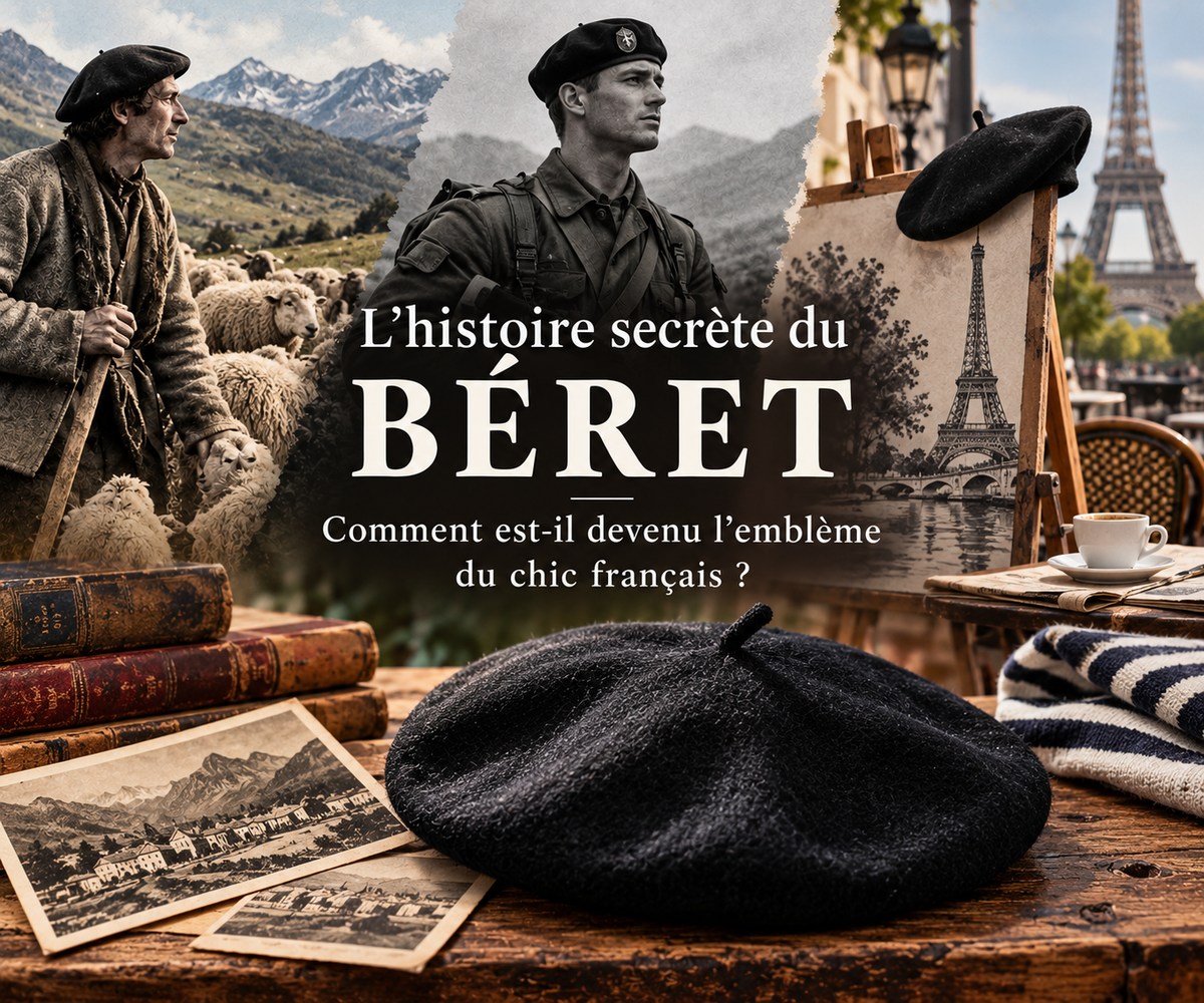 Illustration historique du béret français avec un homme portant un béret dans un décor parisien, évoquant l'évolution du béret du patrimoine pyrénéen au symbole du chic français