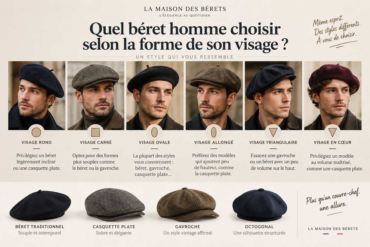 Quel béret homme choisir selon la forme du visage : conseils pour visage rond, carré, ovale, allongé, triangulaire ou en cœur avec béret, gavroche et casquette plate Image