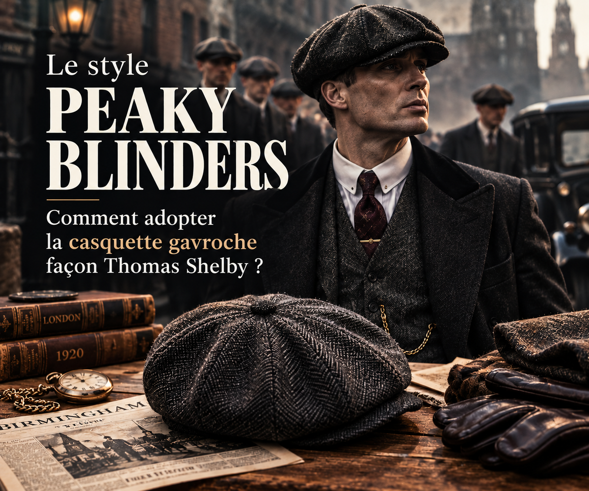 Style Peaky Blinders avec casquette gavroche anglaise, costume vintage et inspiration Thomas Shelby des années 1920