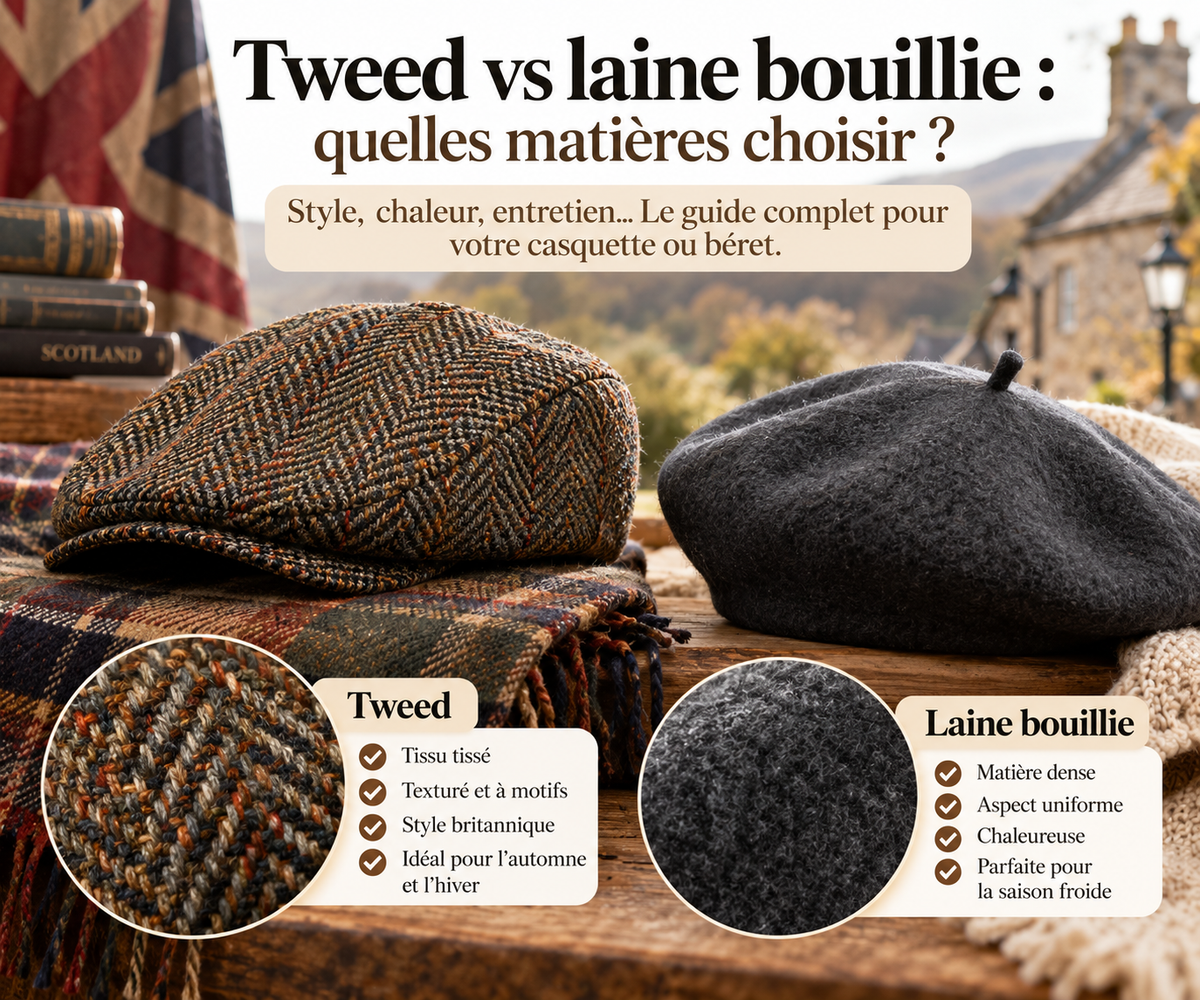 Tweed et laine bouillie pour casquette et béret : comparaison des matières, chaleur, style britannique et entretien