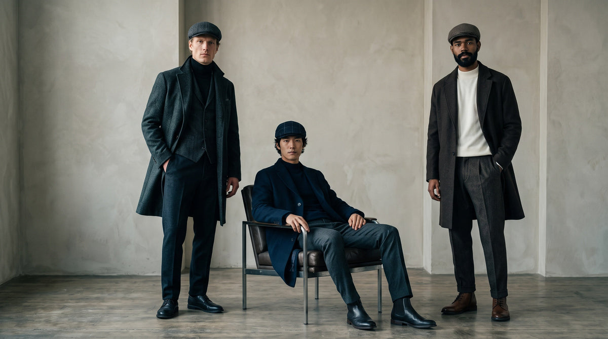 Trois hommes élégants portant des casquettes plates et gavroches, habillés de manteaux et costumes raffinés, dans un studio au style intemporel.
