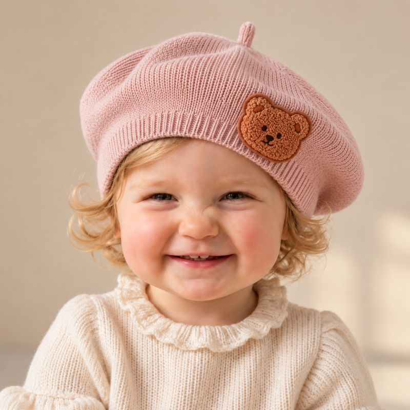 Béret bébé en maille rose avec écusson ourson porté face