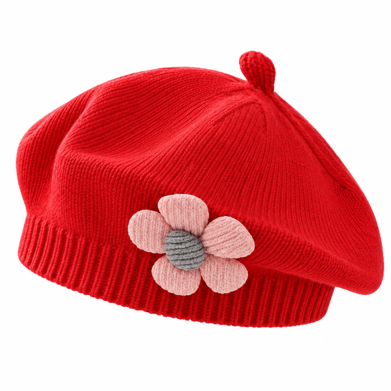 Béret fille rouge en maille avec fleur rose et cœur gris