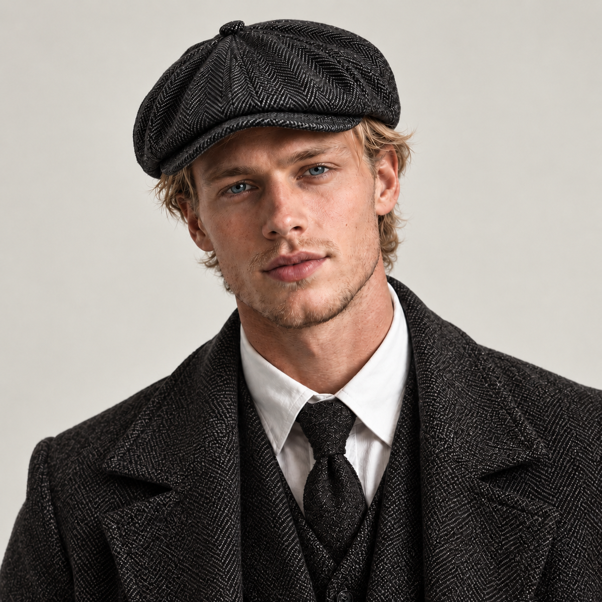 Beret casquette gavroche style Peaky Blinders en lin - Noir