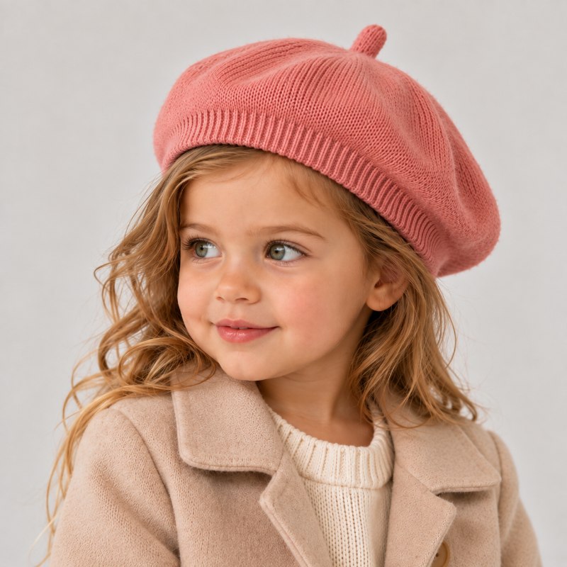 Béret bébé Camille rose en maille porté profil par une petite fille