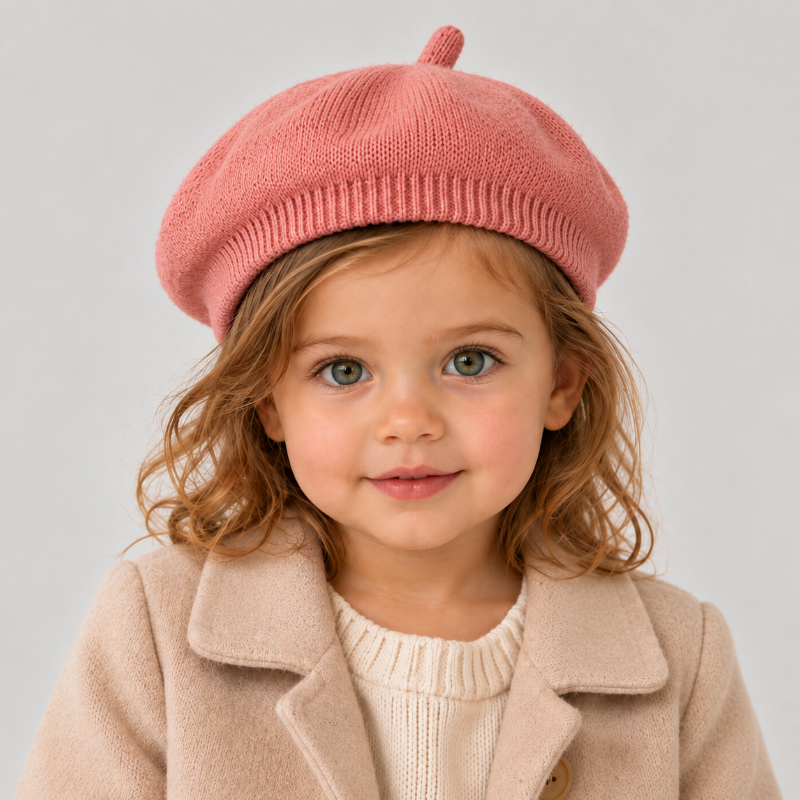 Béret bébé Camille rose en maille porté par une petite fille
