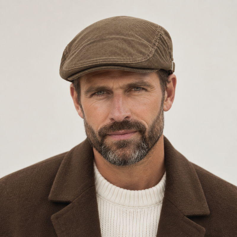 Béret casquette en velours côtelé Oscar porté de face