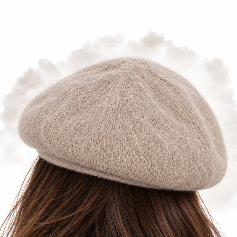 Béret femme beige en maille duveteuse porté, vue de dos