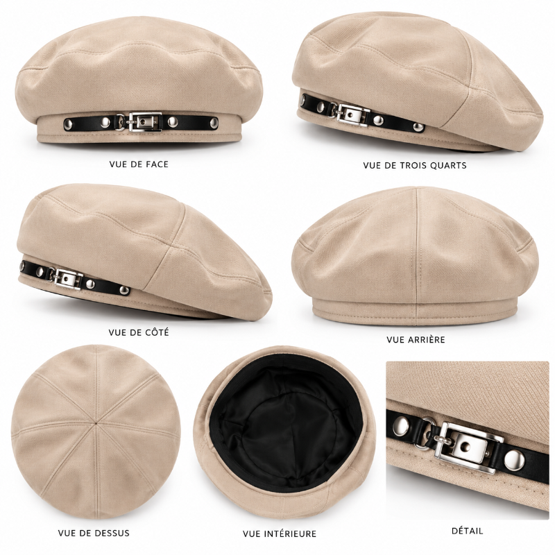 Béret femme français beige avec boucle noire et détails argentés vue sur les details 