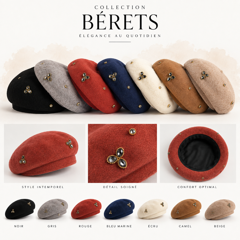 Bérets femme disponibles en plusieurs coloris : noir, gris, rouge, bleu marine, écru, camel et beige