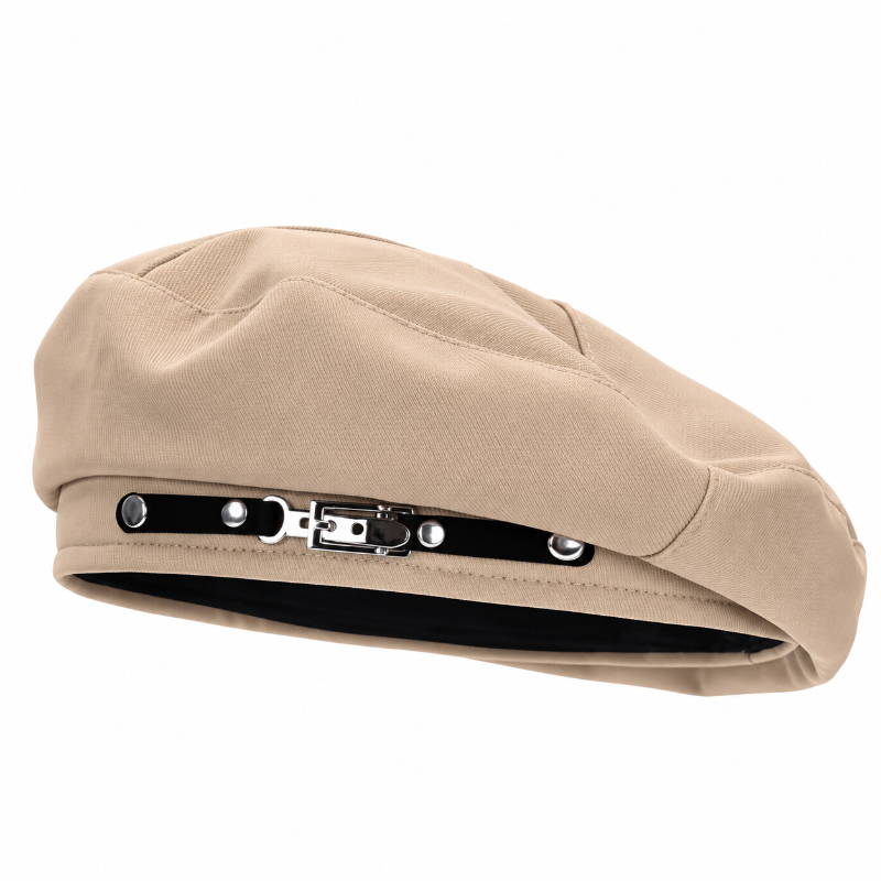 Béret femme français beige avec boucle noire et détails argentés
