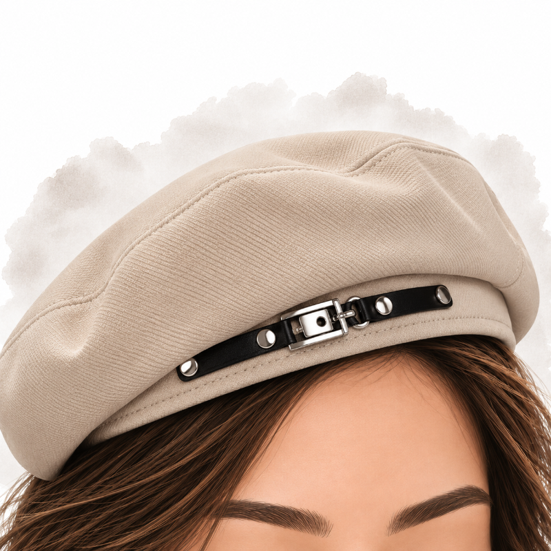 Béret femme français beige avec boucle noire et détails argentés porté par une femme 