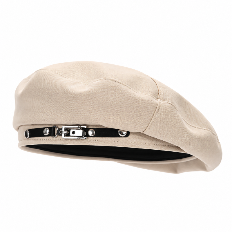 Béret femme français blanc avec boucle noire et détails argentés