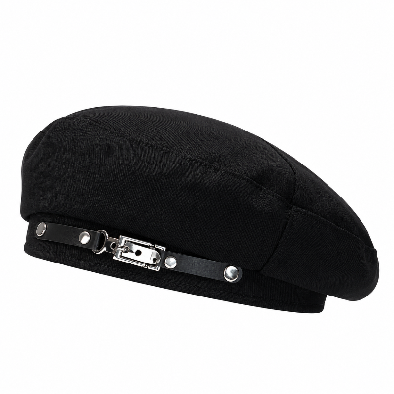Béret femme français noir avec boucle noire et détails argentés