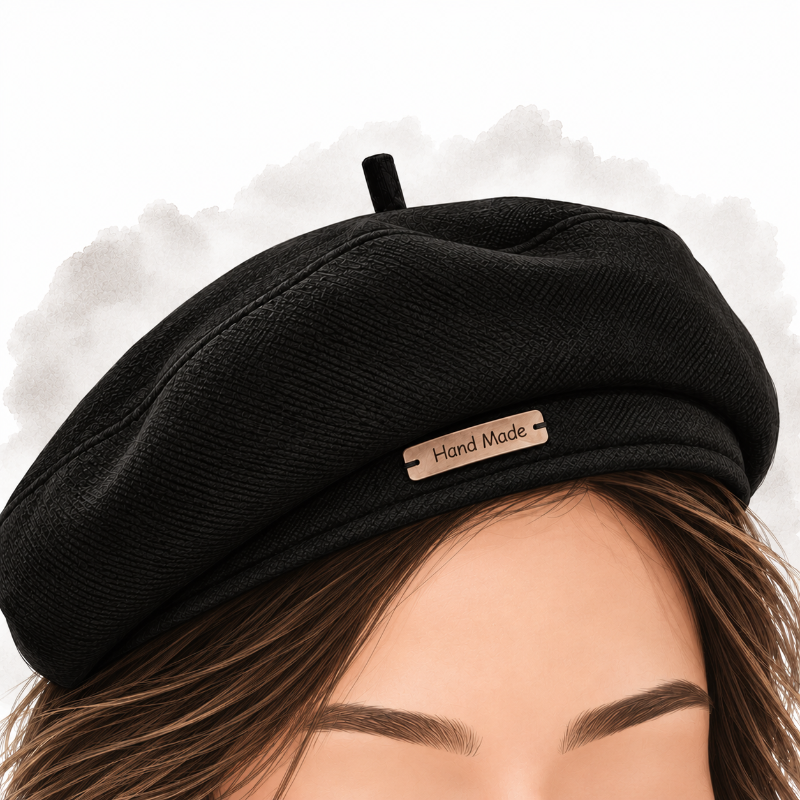 Gros plan d'un béret femme français noir porté