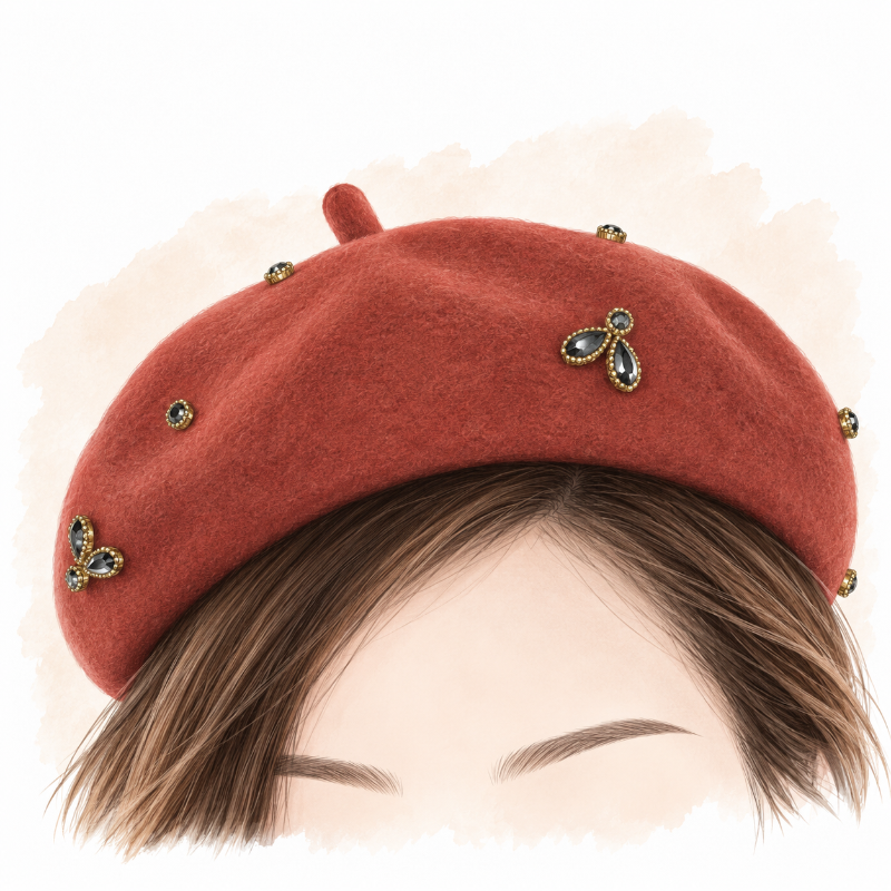 Béret femme rouge orné de bijoux décoratif