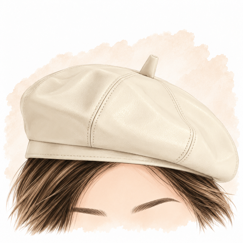 Béret femme en simili cuir Victoire blanc porté