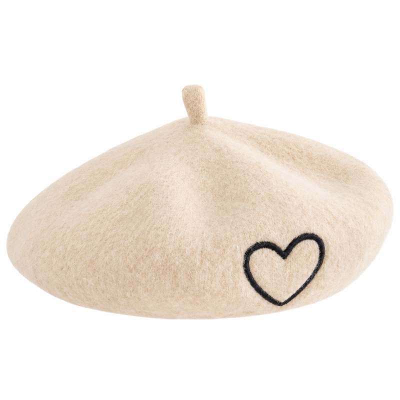 Béret fille beige avec cœur noir brodé