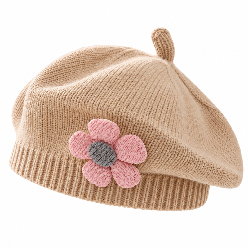 Béret fille beige en maille côtelée avec fleur rose décorative