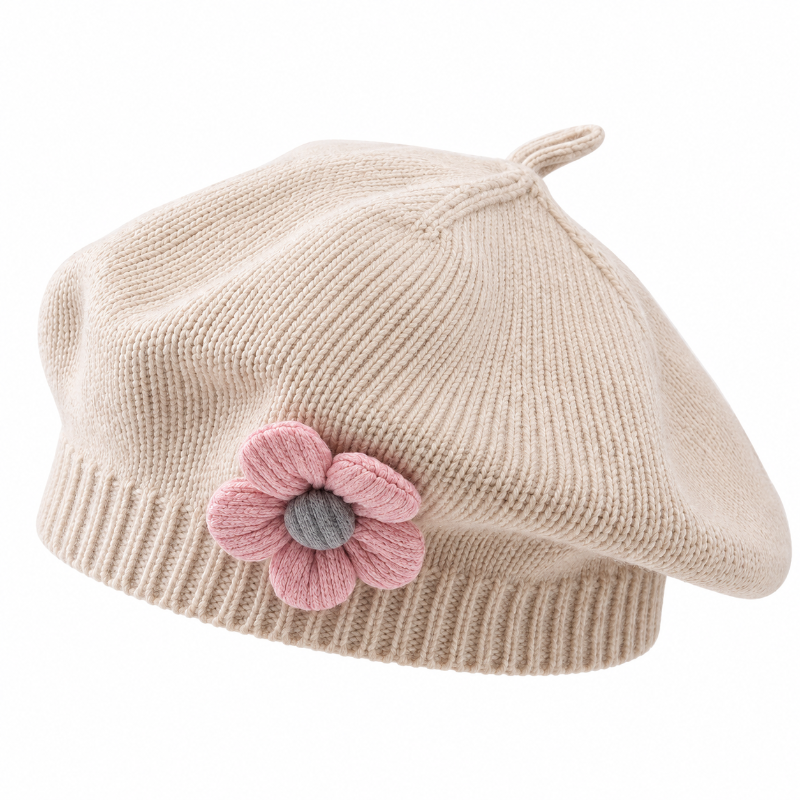 Béret fille écru en maille avec fleur rose sur le côté