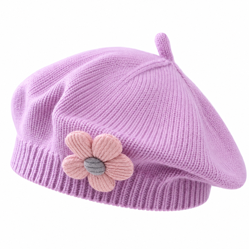 Béret fille lilas en maille côtelée avec fleur rose sur le côté