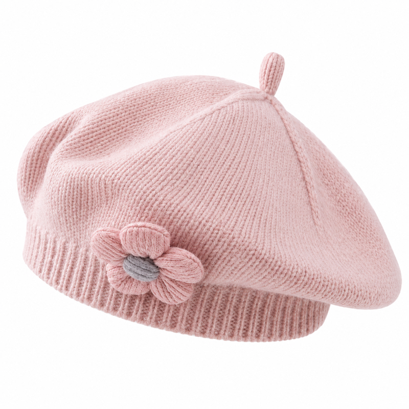 Béret fille rose pâle en maille avec fleur décorative rose