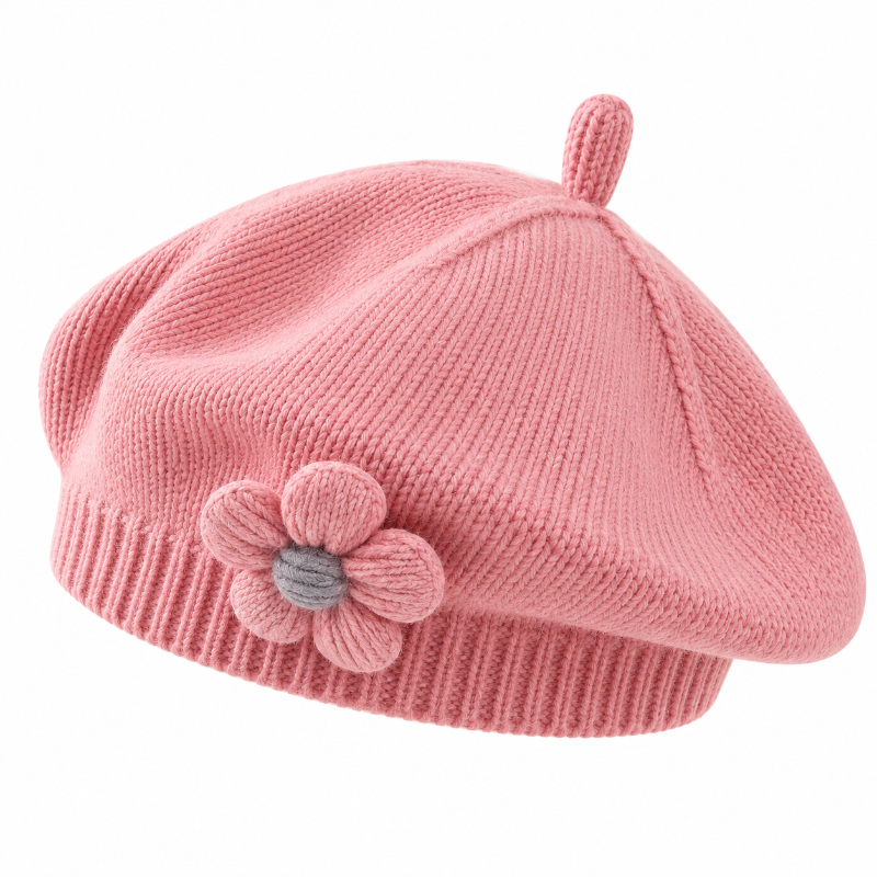 Béret fille rose vif en maille avec fleur rose et cœur gris