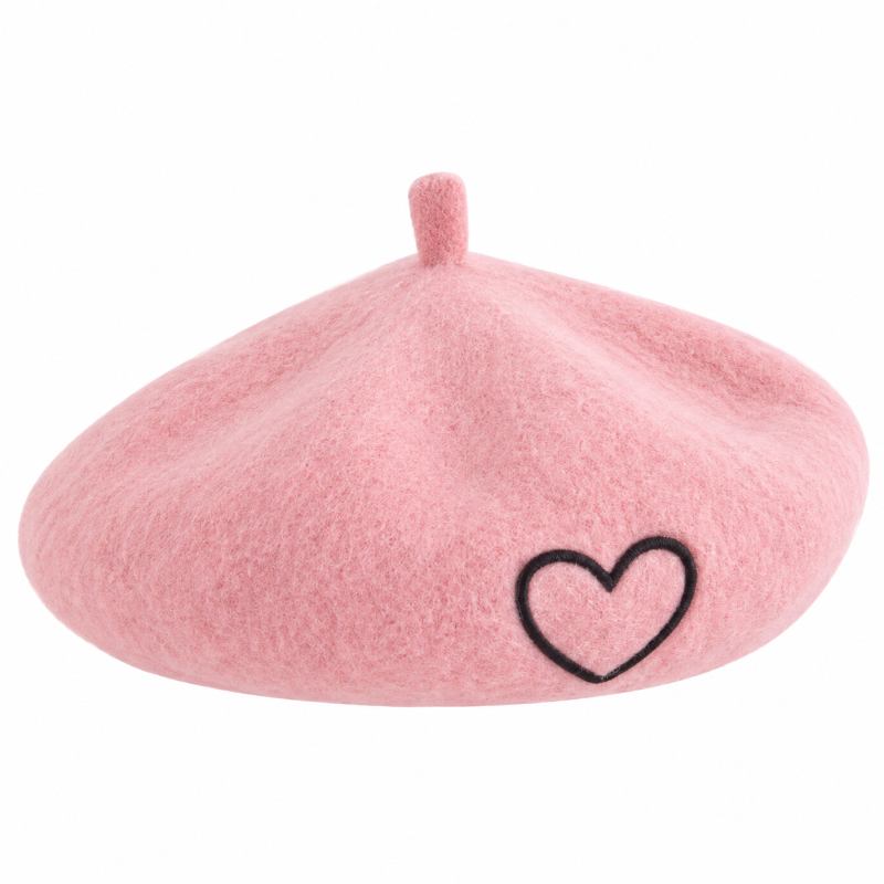 Béret fille rose avec cœur noir brodé