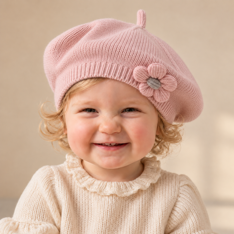 Petite fille souriante portant un béret rose pâle en maille avec fleur décorative.