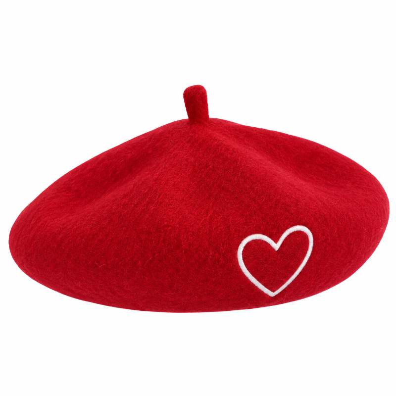 Béret fille rouge avec cœur blanc brodé 