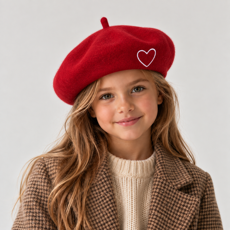 Béret fille rouge avec cœur blanc brodé porté face 