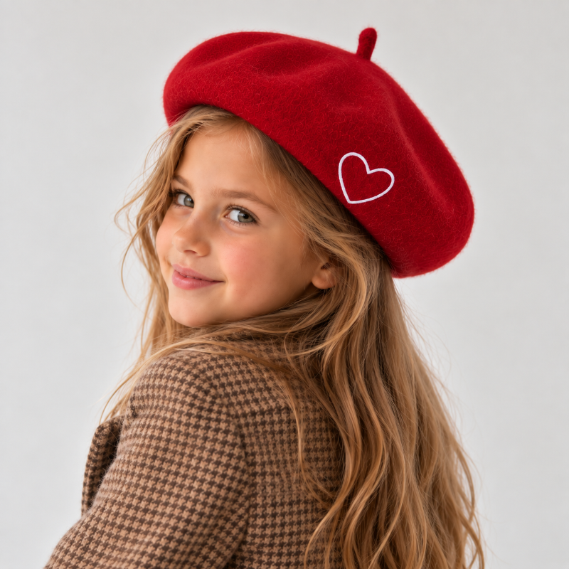 Béret fille rouge avec cœur blanc brodé porté sur fille 