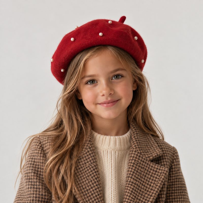 Fille portant un béret rouge à perles vu de face