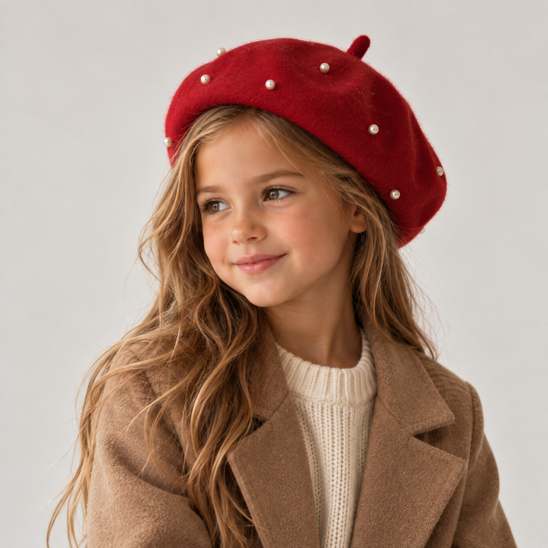 Fille portant un béret rouge à perles vu de trois-quarts