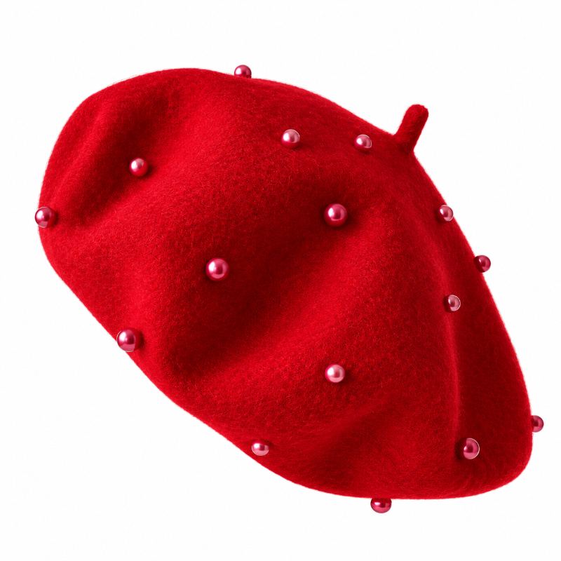Béret fille rouge orné de perles
