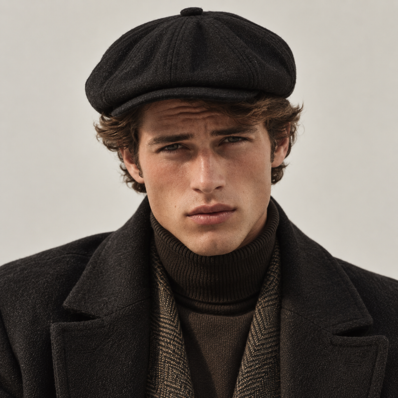 Béret gavroche britannique noir porté de face par un homme