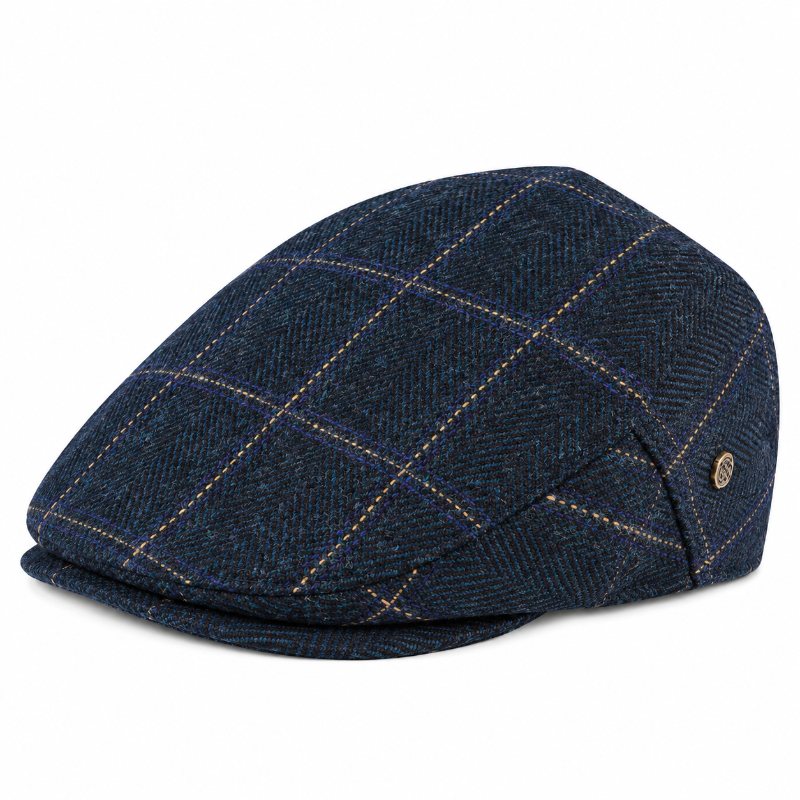 Béret homme bleu à carreaux style casquette plate