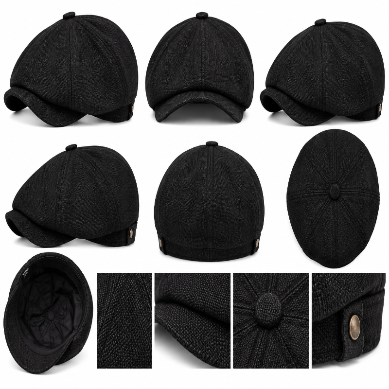 Béret homme noir à visière avec bouton central et details