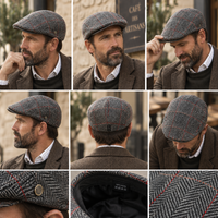 Béret homme gris à carreaux rouges style casquette plate details porté 