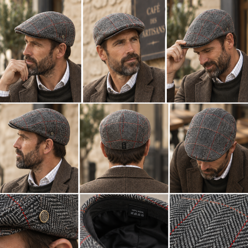 Béret homme gris à carreaux rouges style casquette plate details porté 