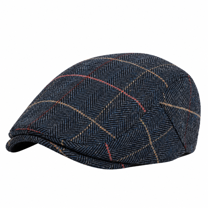 Béret homme bleu à chevrons avec fines lignes rouges