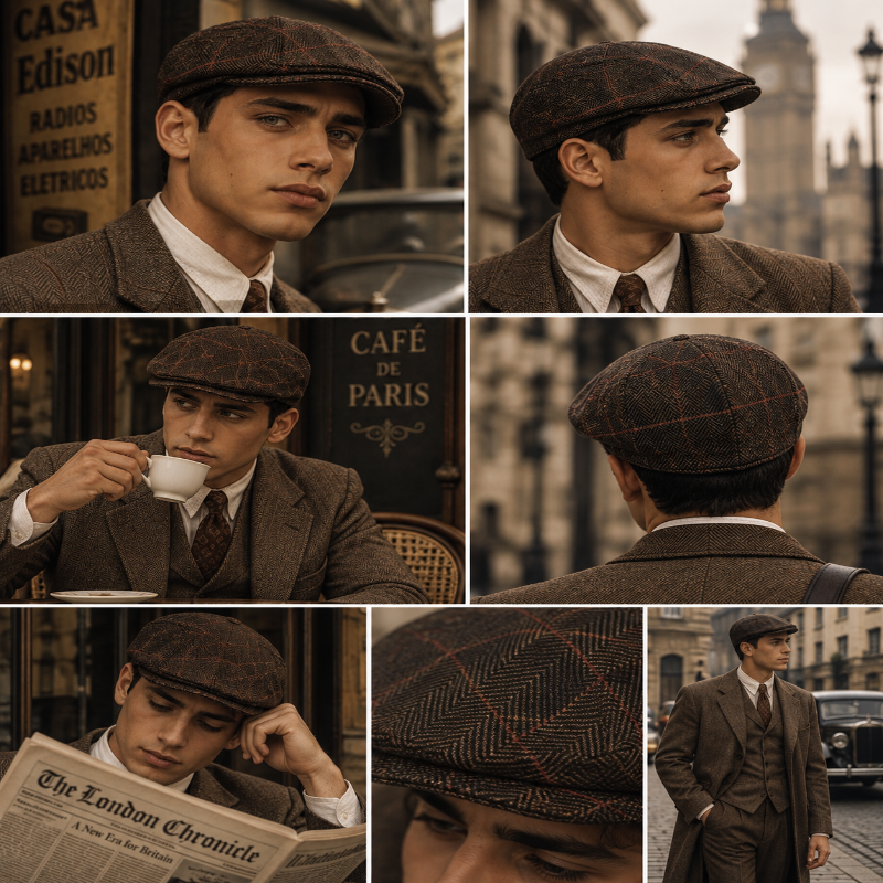 Béret homme marron à chevrons porté et vu d'ensemble 