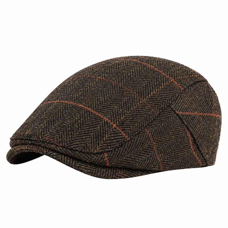 Béret homme marron à chevrons avec fines lignes rouges