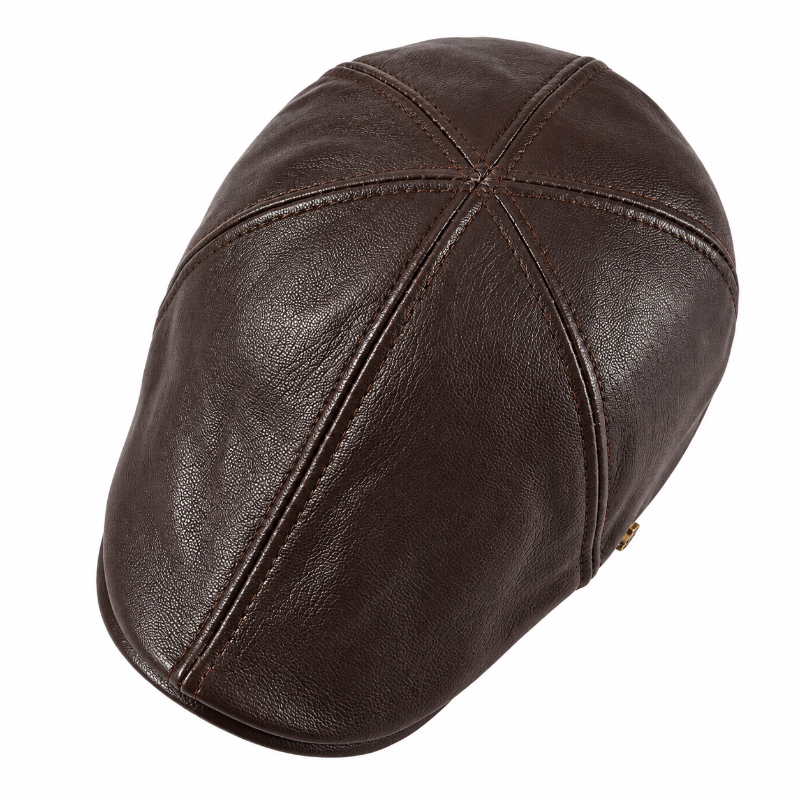 Béret homme en cuir marron à visière avec details de haut 