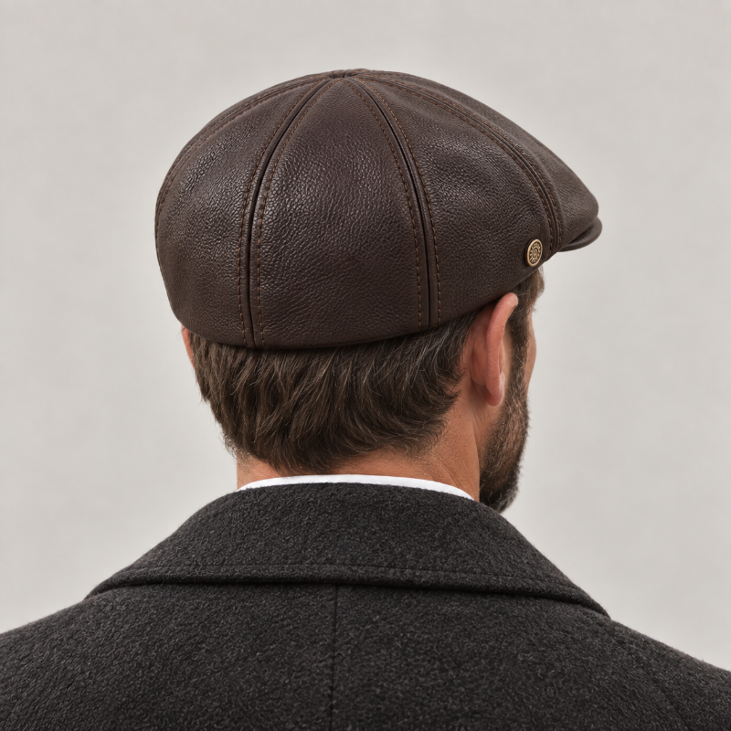 Béret homme en cuir marron à visière de dos 
