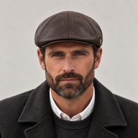 Béret homme en cuir marron à visière porté de face 